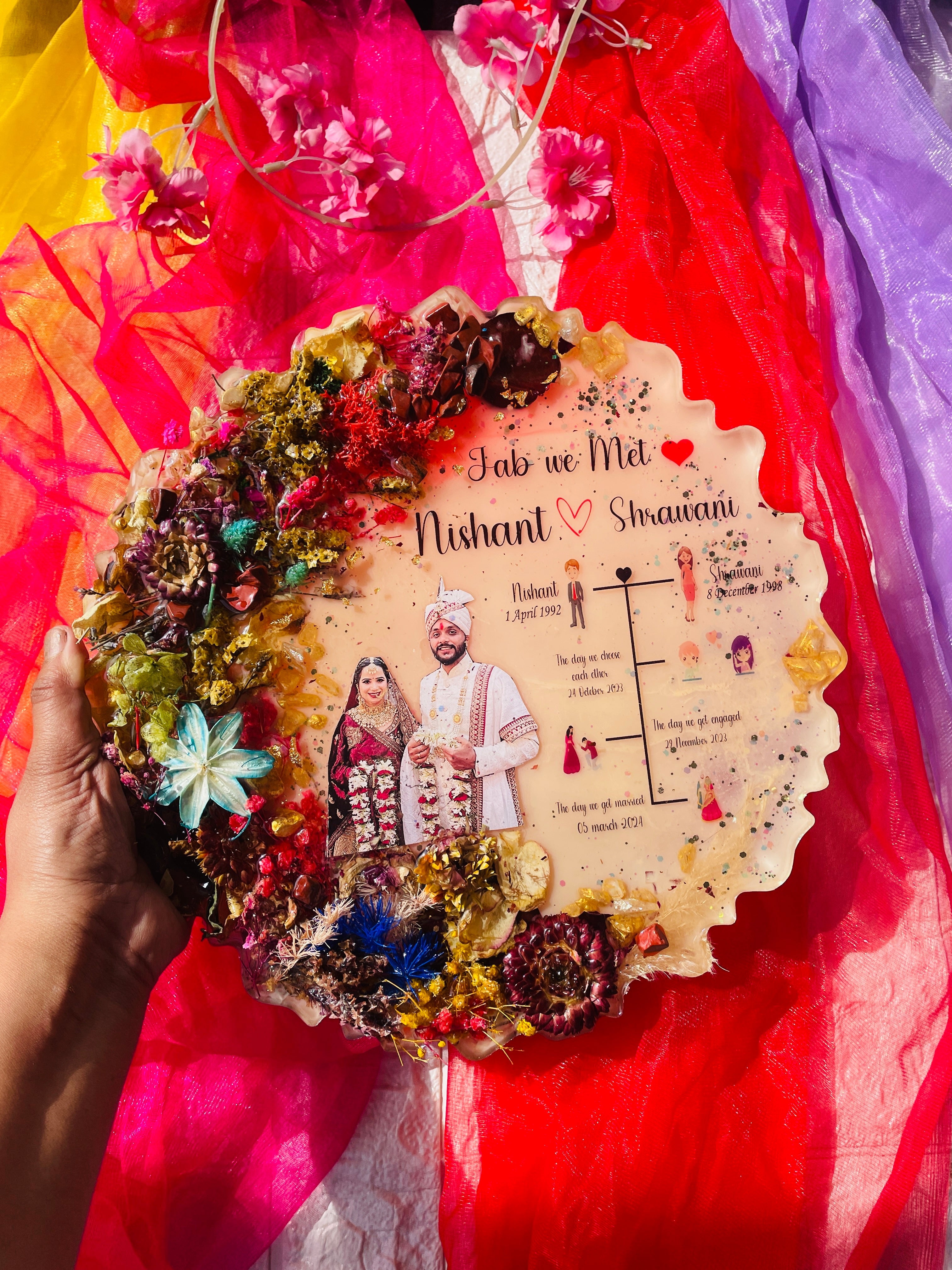 Jab We Met love story frame - round resin with dried flowers and couple timeline