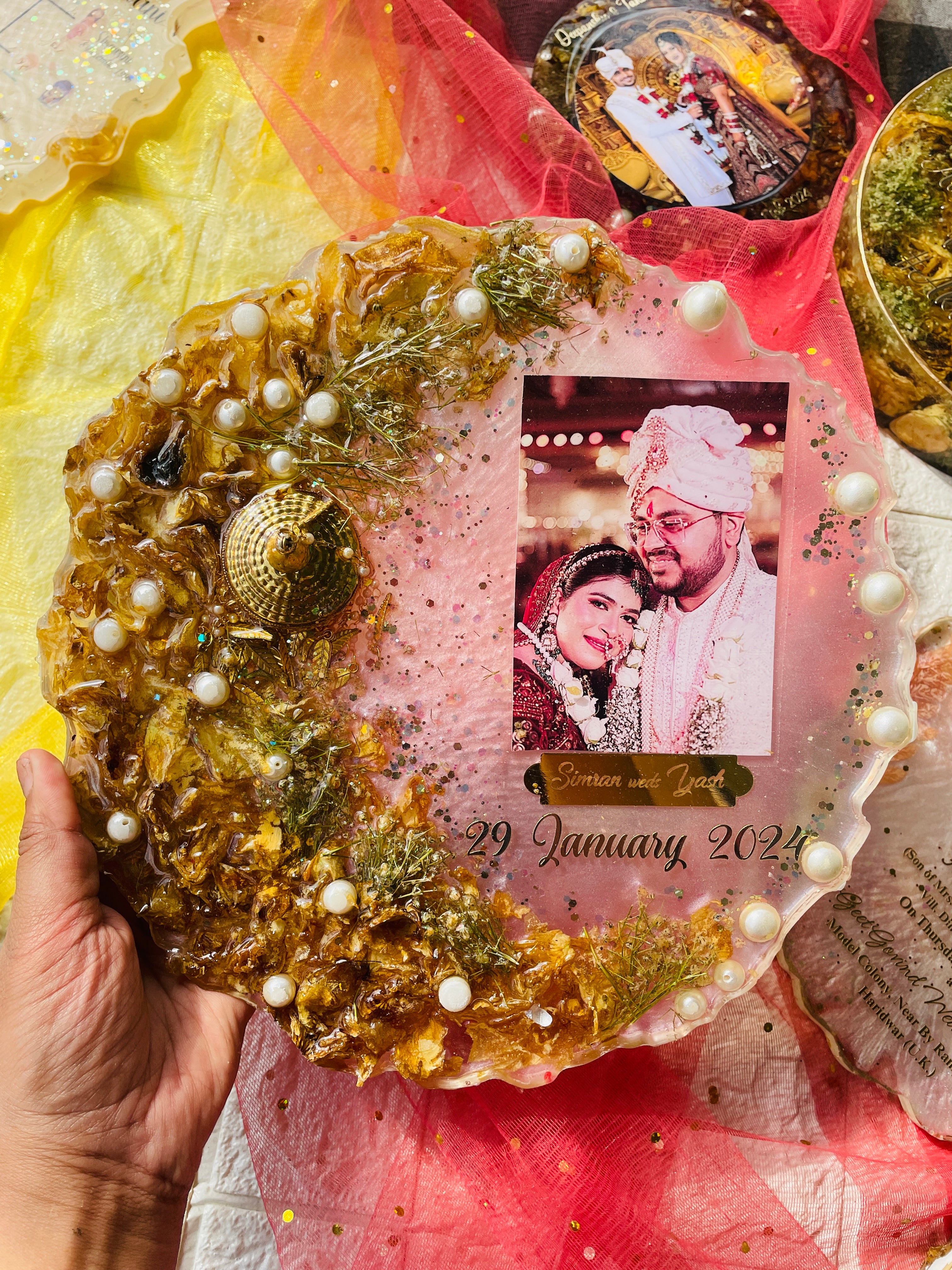 Handcrafted resin agate frame with wedding photo, dried flowers, pearls and gold accents